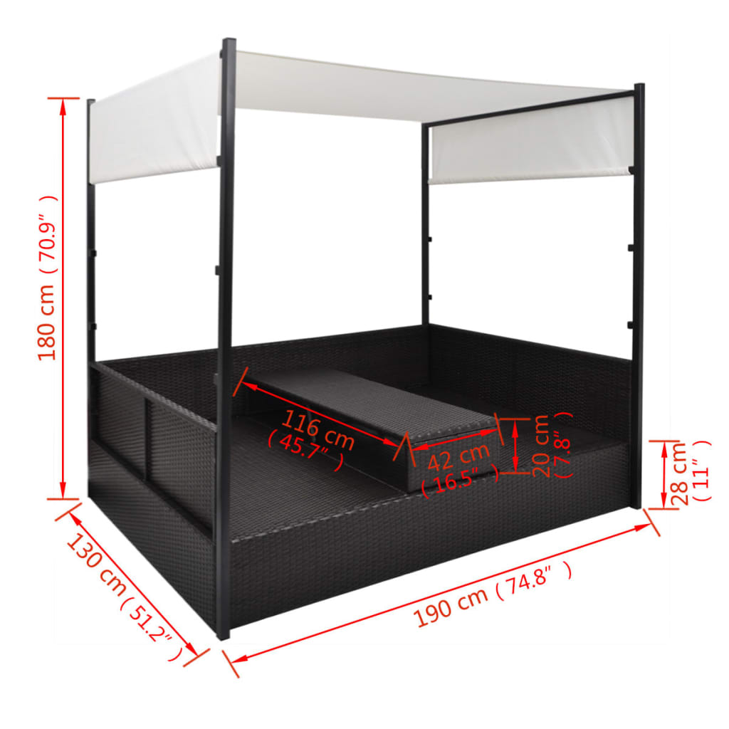 Tuinbed met luifel 190x130 cm poly rattan zwart – afbeelding 7