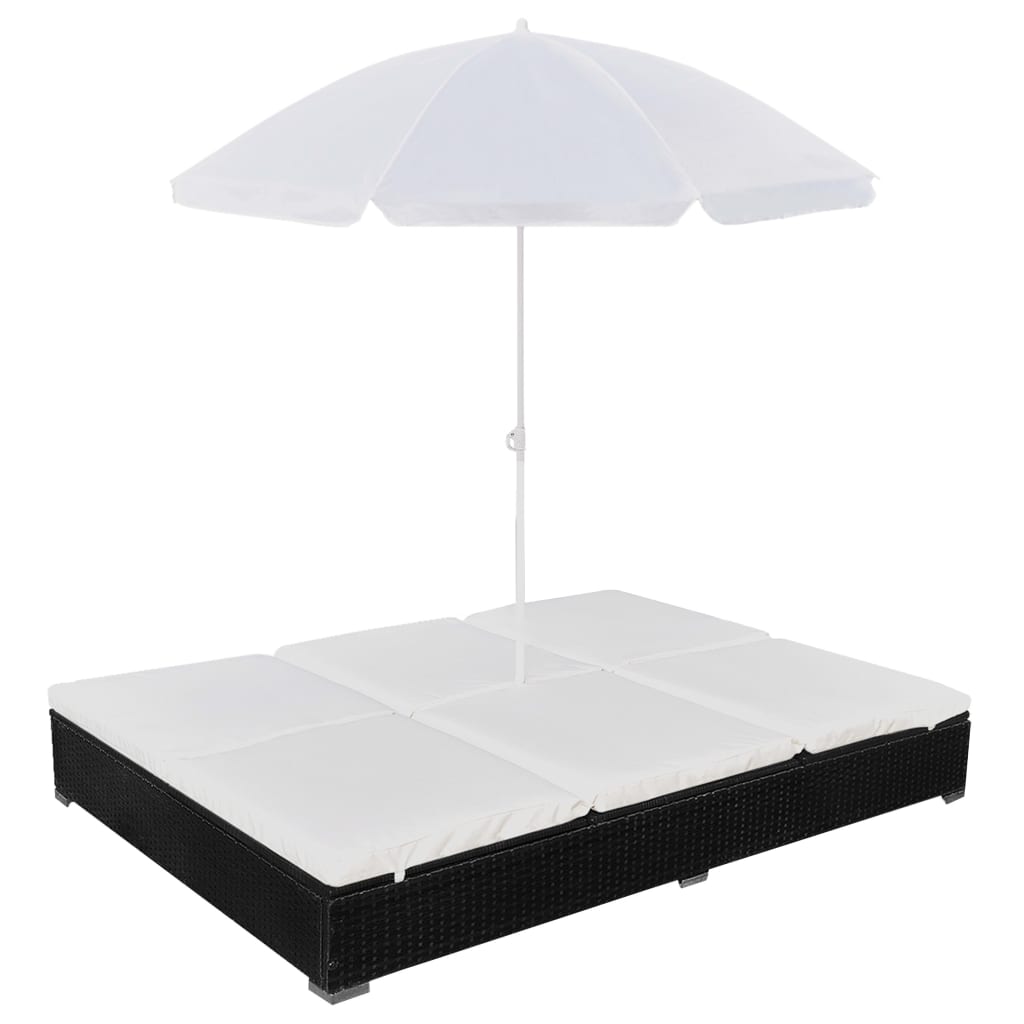 Loungebed met parasol poly rattan zwart – afbeelding 1