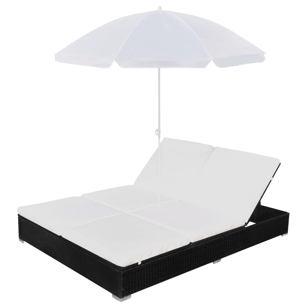 Loungebed met parasol poly rattan zwart – afbeelding 3