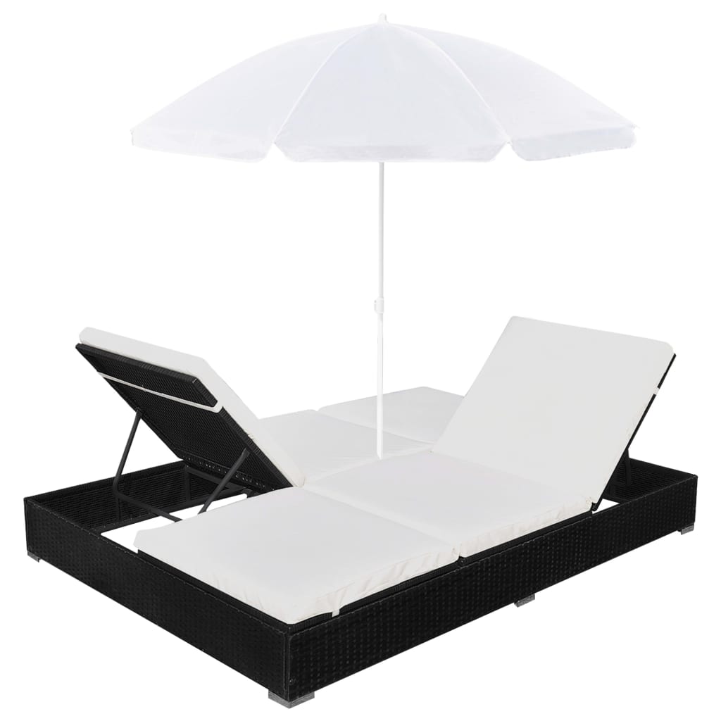 Loungebed met parasol poly rattan zwart – afbeelding 5