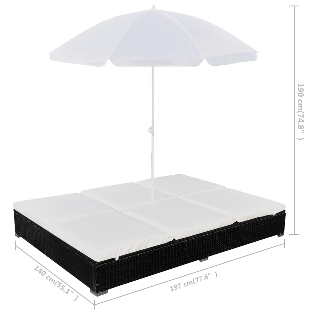 Loungebed met parasol poly rattan zwart – afbeelding 8
