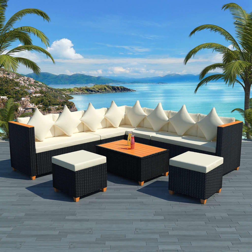 7-delige Loungeset met kussens poly rattan zwart – afbeelding 1