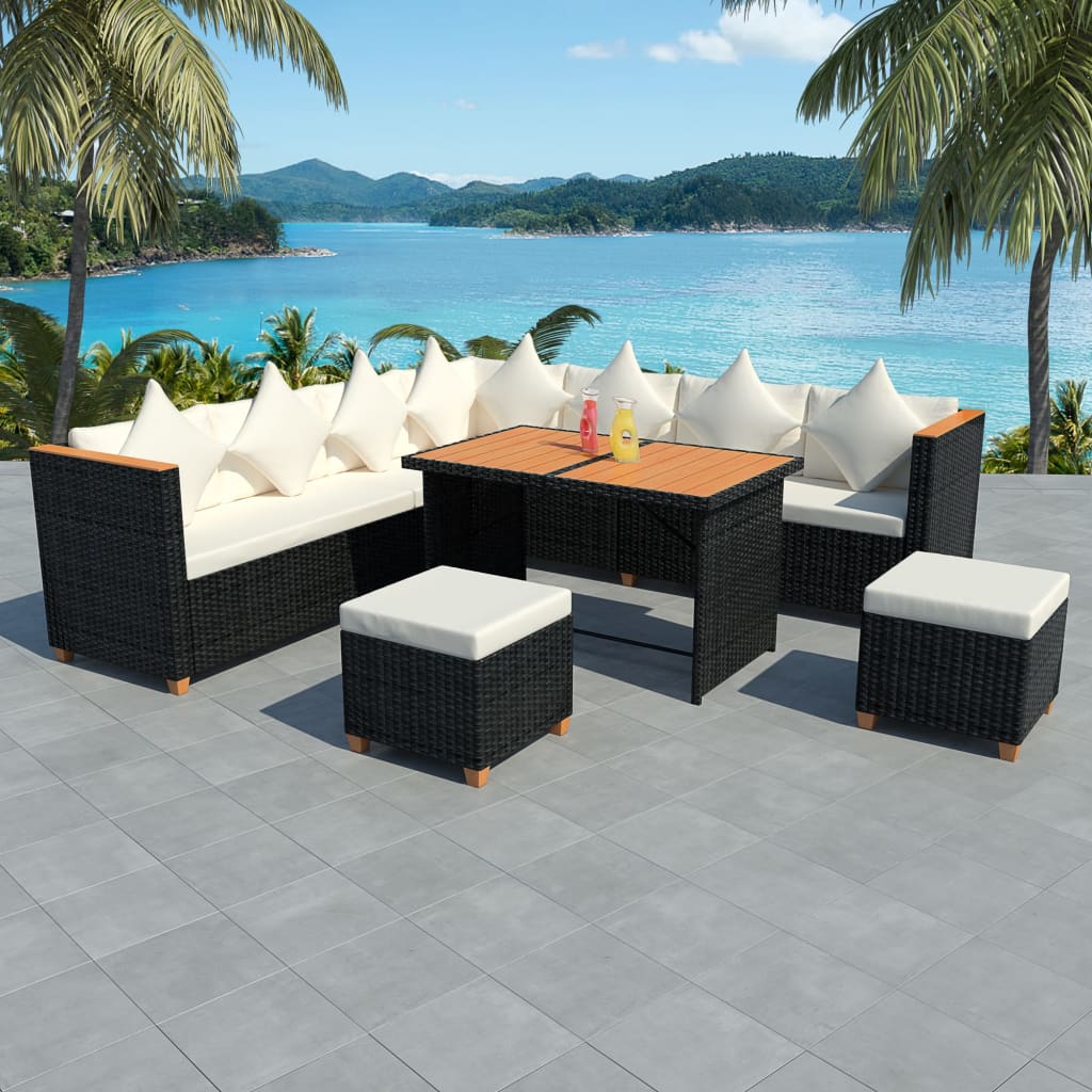 7-delige Loungeset met kussens poly rattan zwart – afbeelding 1