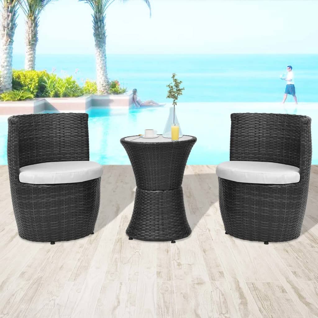 3-delige Bistroset met kussens poly rattan zwart – afbeelding 1