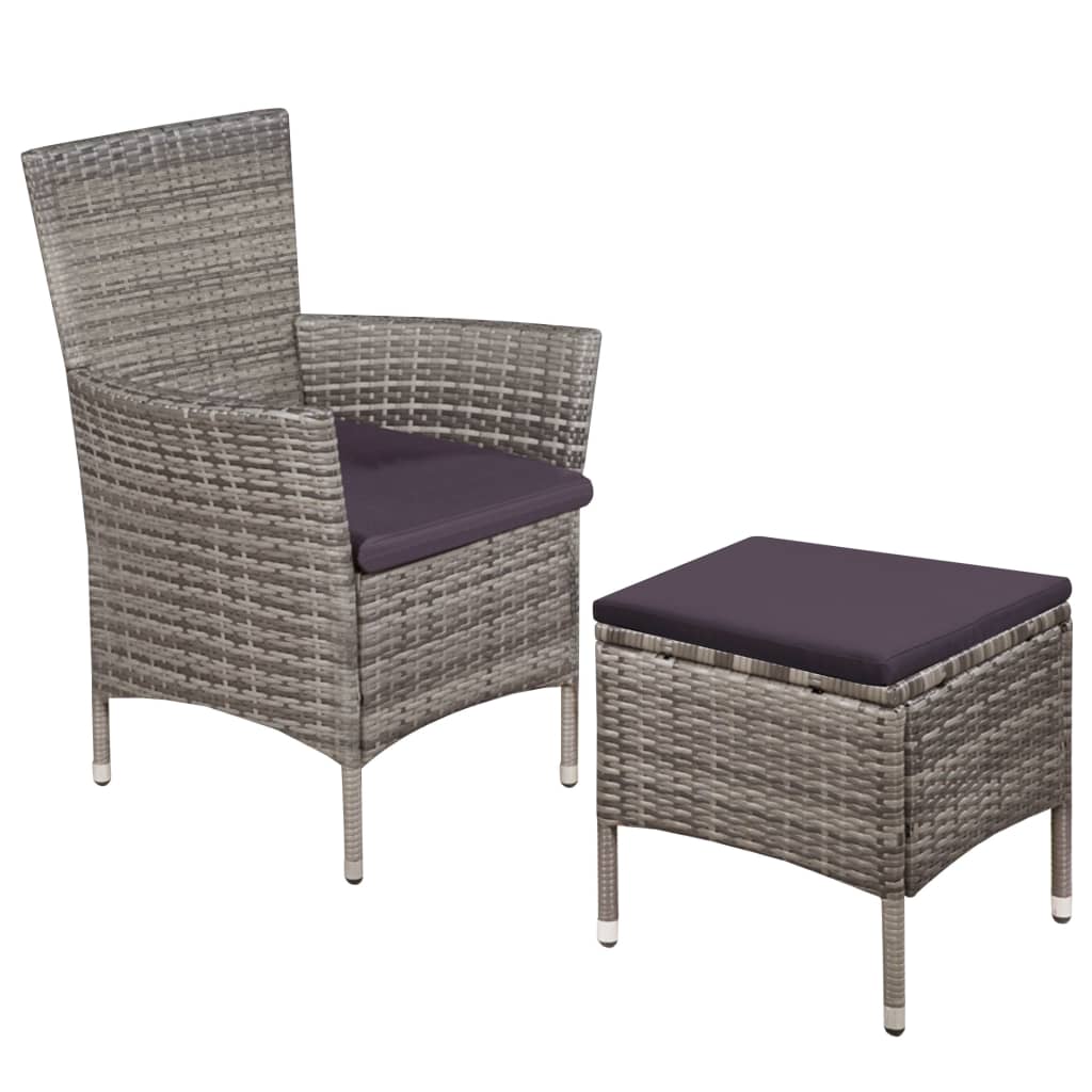 Tuinstoel en kruk met kussens poly rattan grijs – afbeelding 1