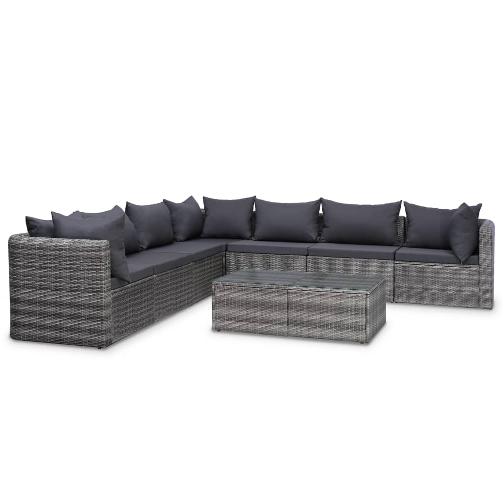 8-delige Loungeset met kussens poly rattan grijs – afbeelding 1