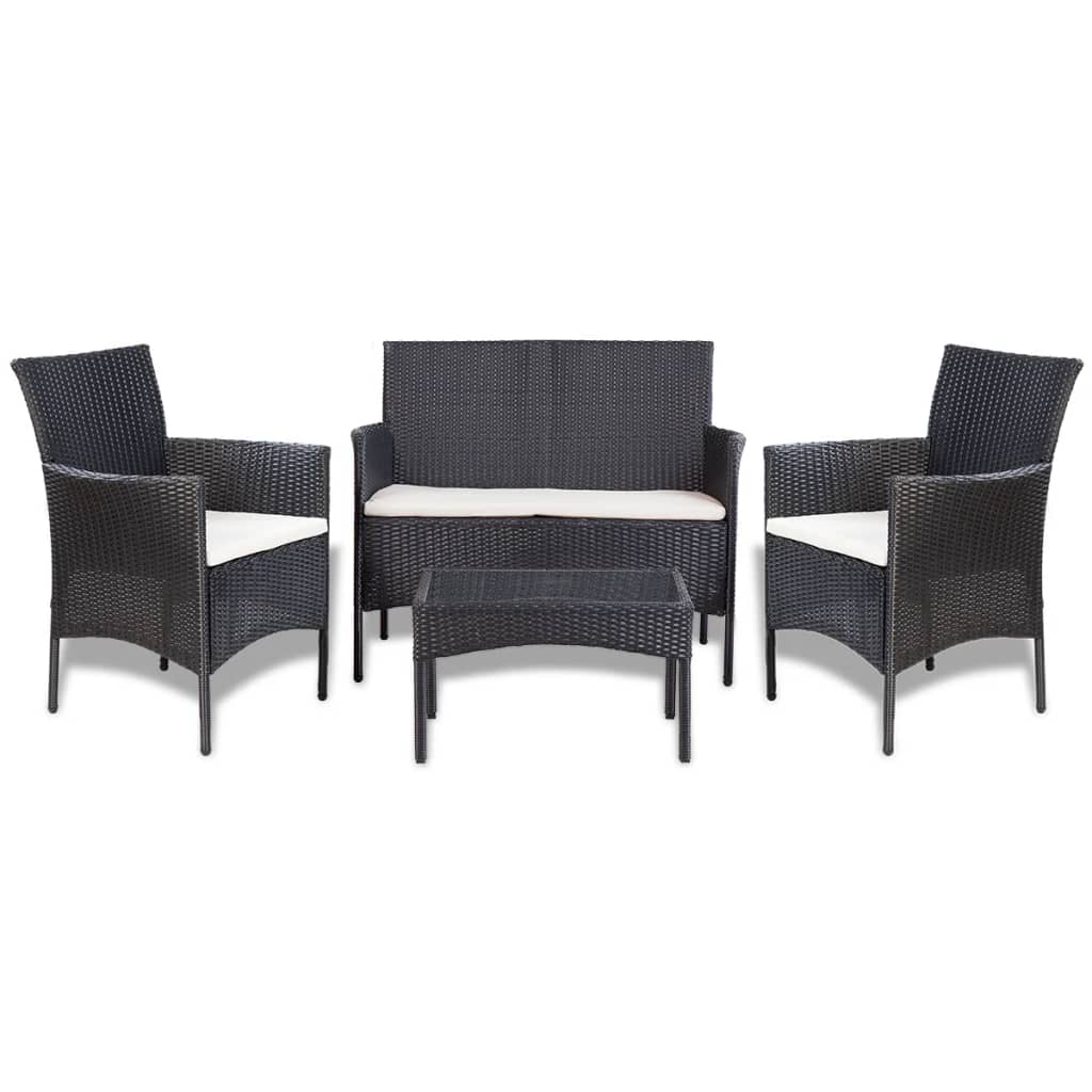 4-delige Loungeset met kussens poly rattan zwart – afbeelding 1