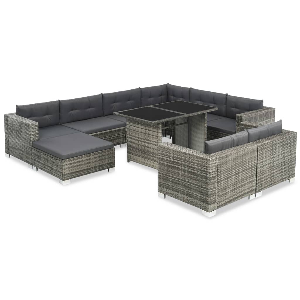 10-delige Loungeset met kussens poly rattan grijs – afbeelding 1