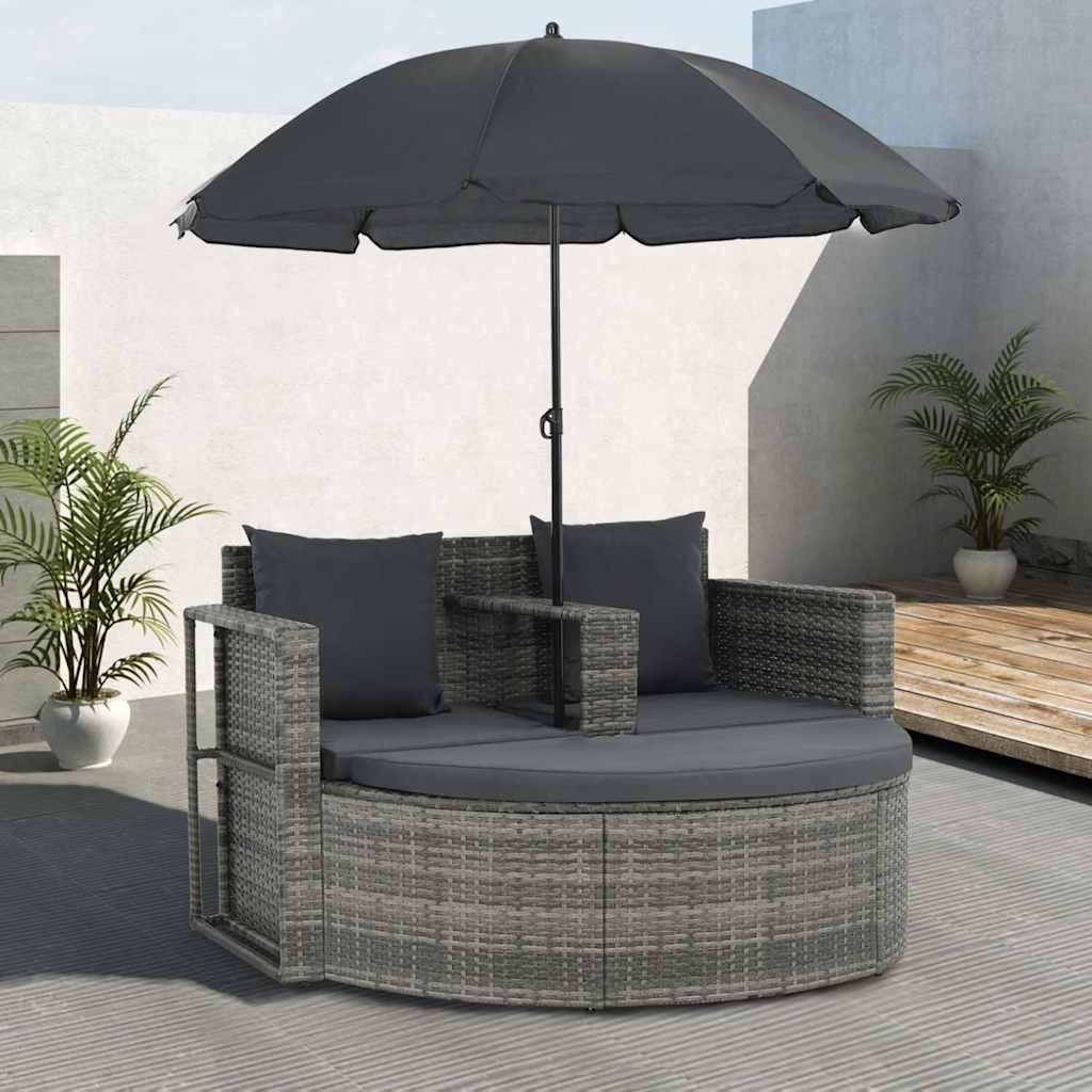 Tuinbank 2-zits met kussens en parasol poly rattan grijs – afbeelding 1