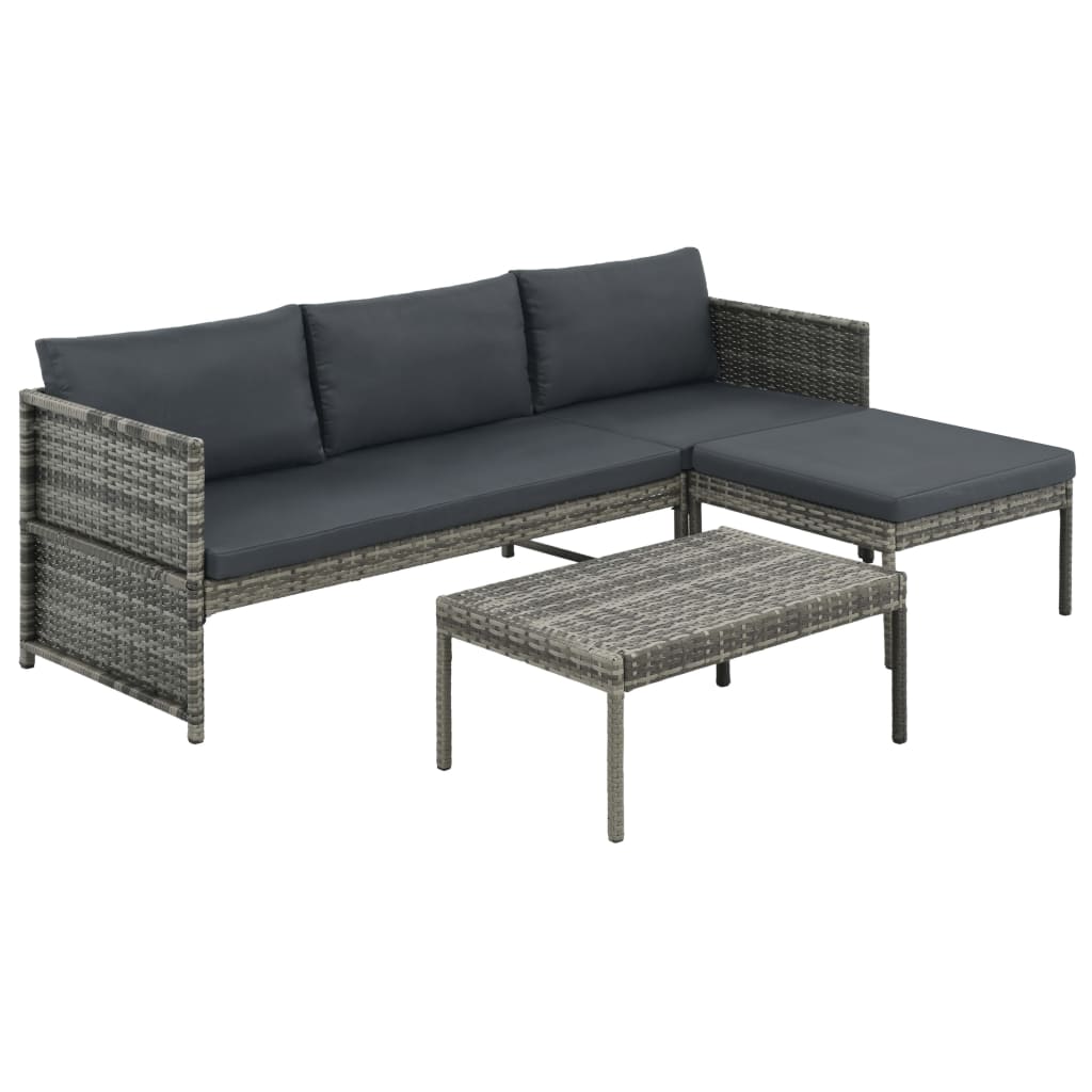 3-delige Loungeset met kussens poly rattan grijs – afbeelding 1