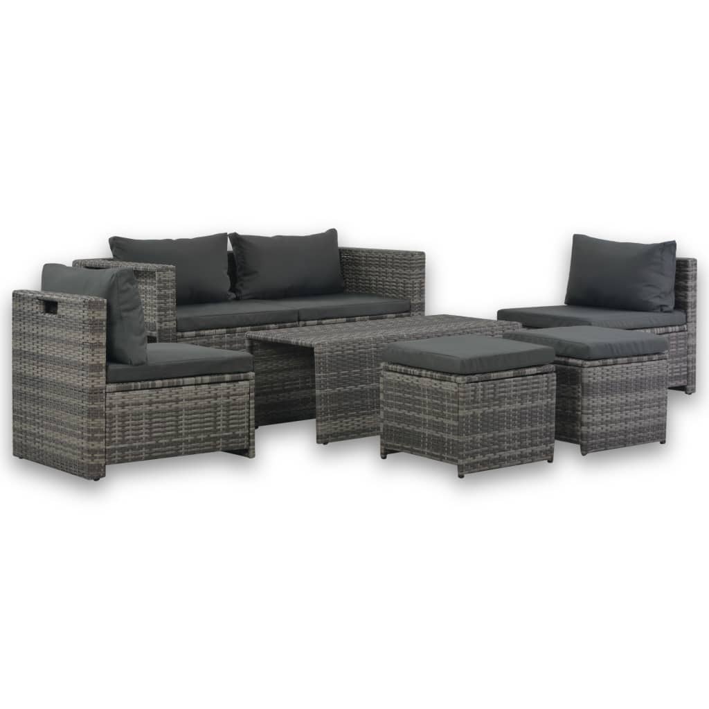 Loungeset met kussens 6-delig poly rattan grijs – afbeelding 1