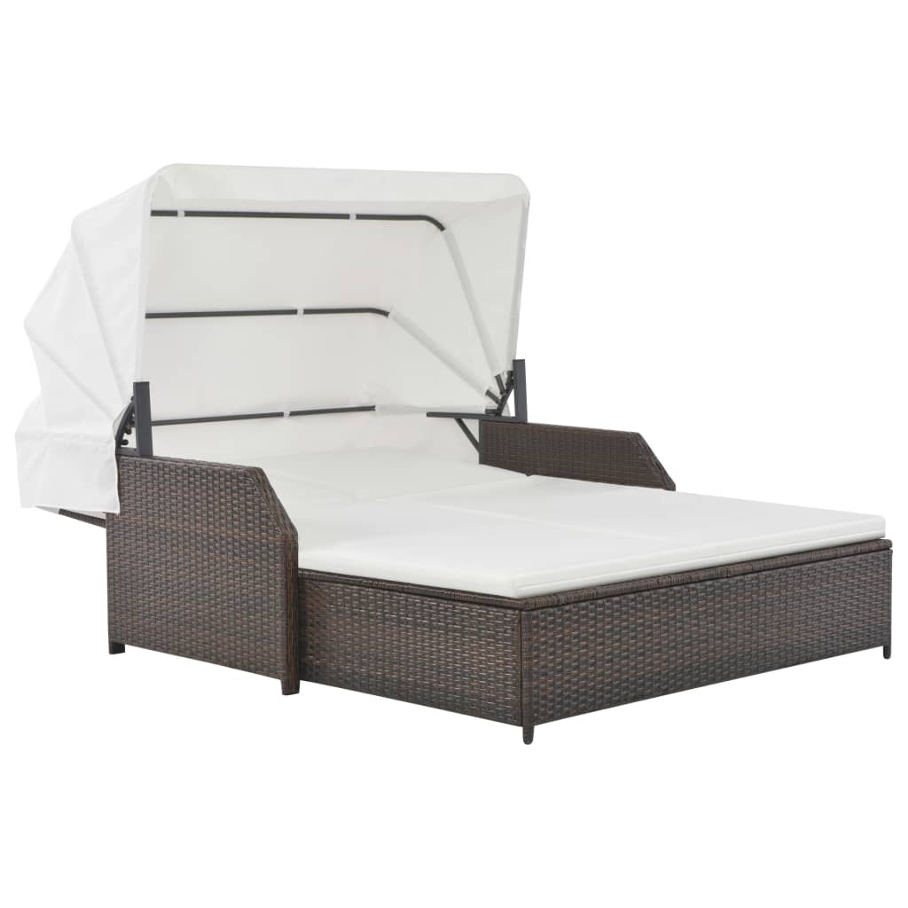 Ligbed 2-persoons met luifel poly rattan bruin