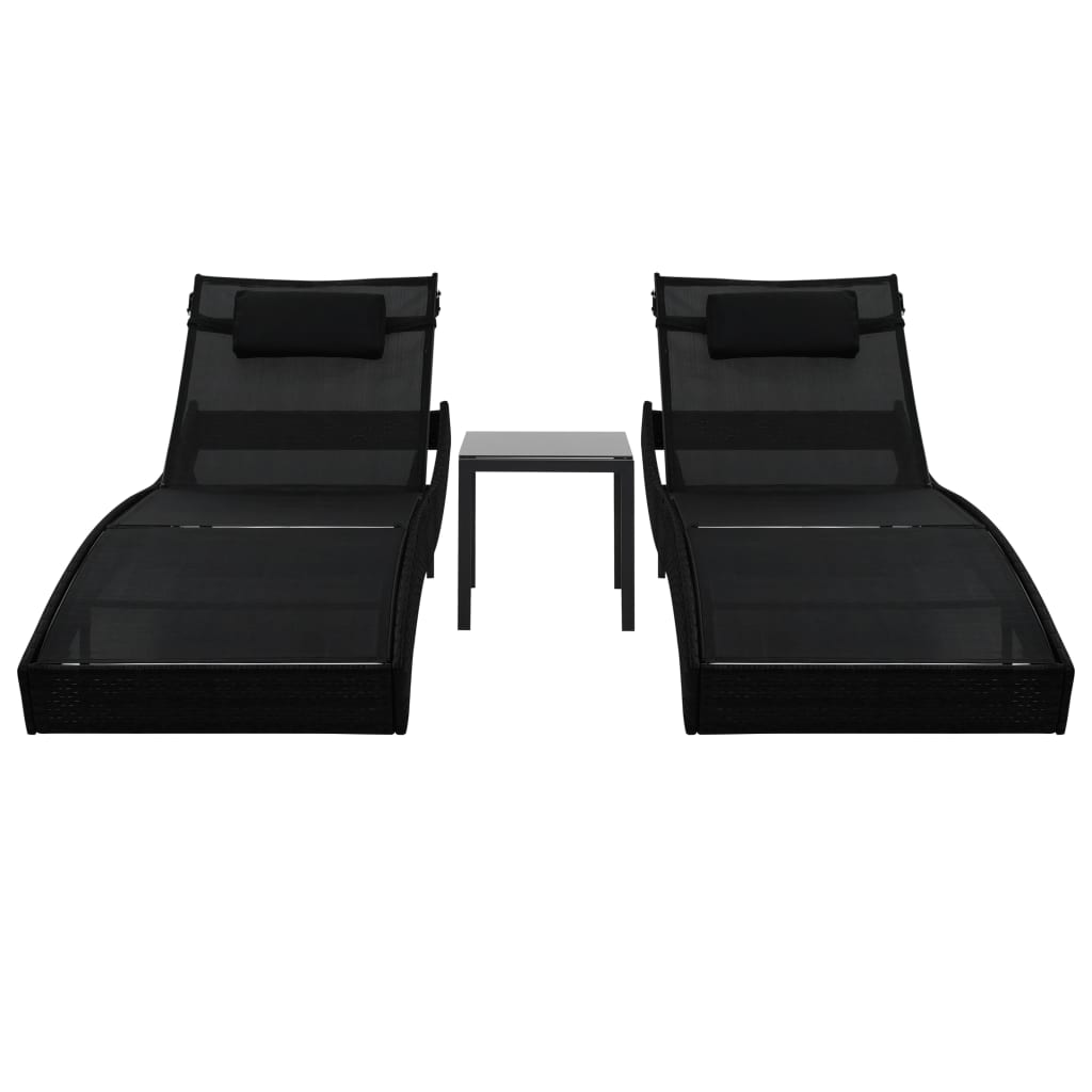 Ligbedden 2 st met tafel poly rattan en textileen zwart – afbeelding 2