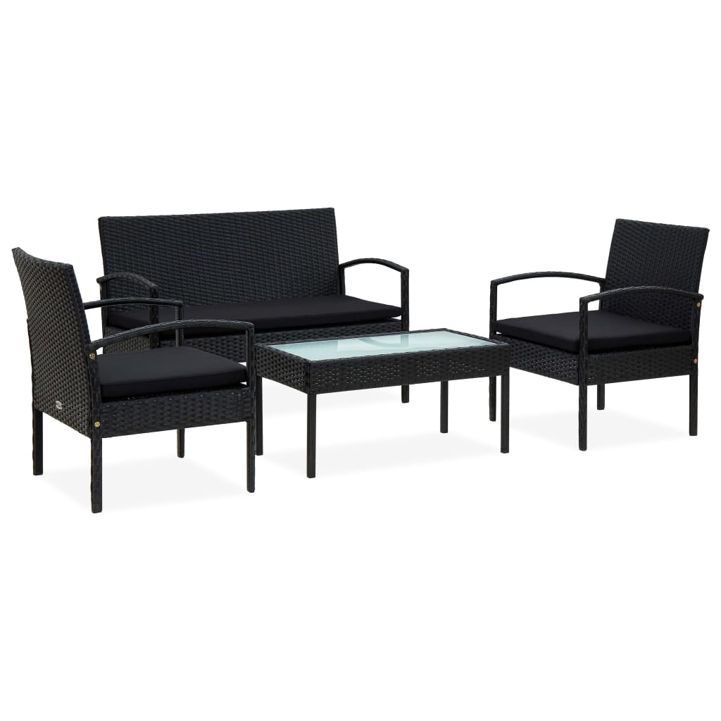 4-delige Loungeset met kussens poly rattan zwart – afbeelding 1