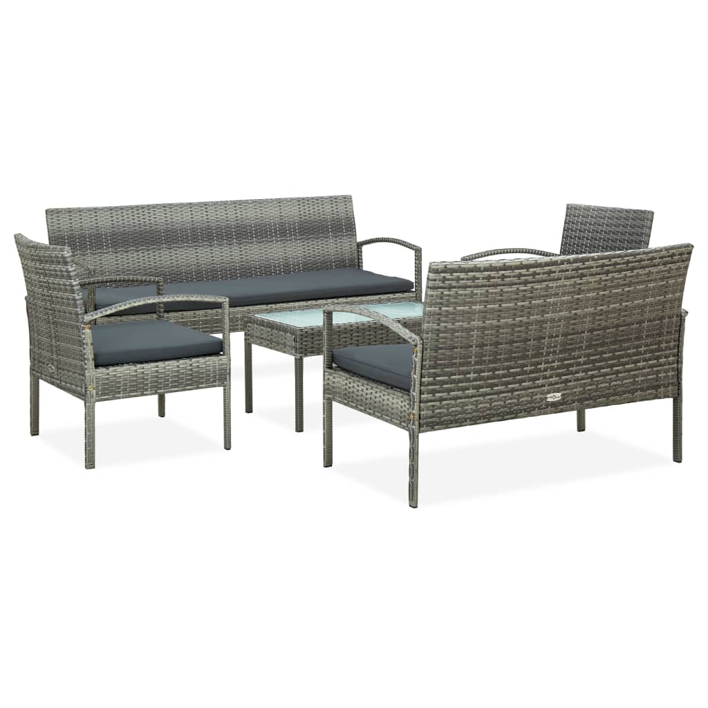 5-delige Loungeset met kussens poly rattan grijs