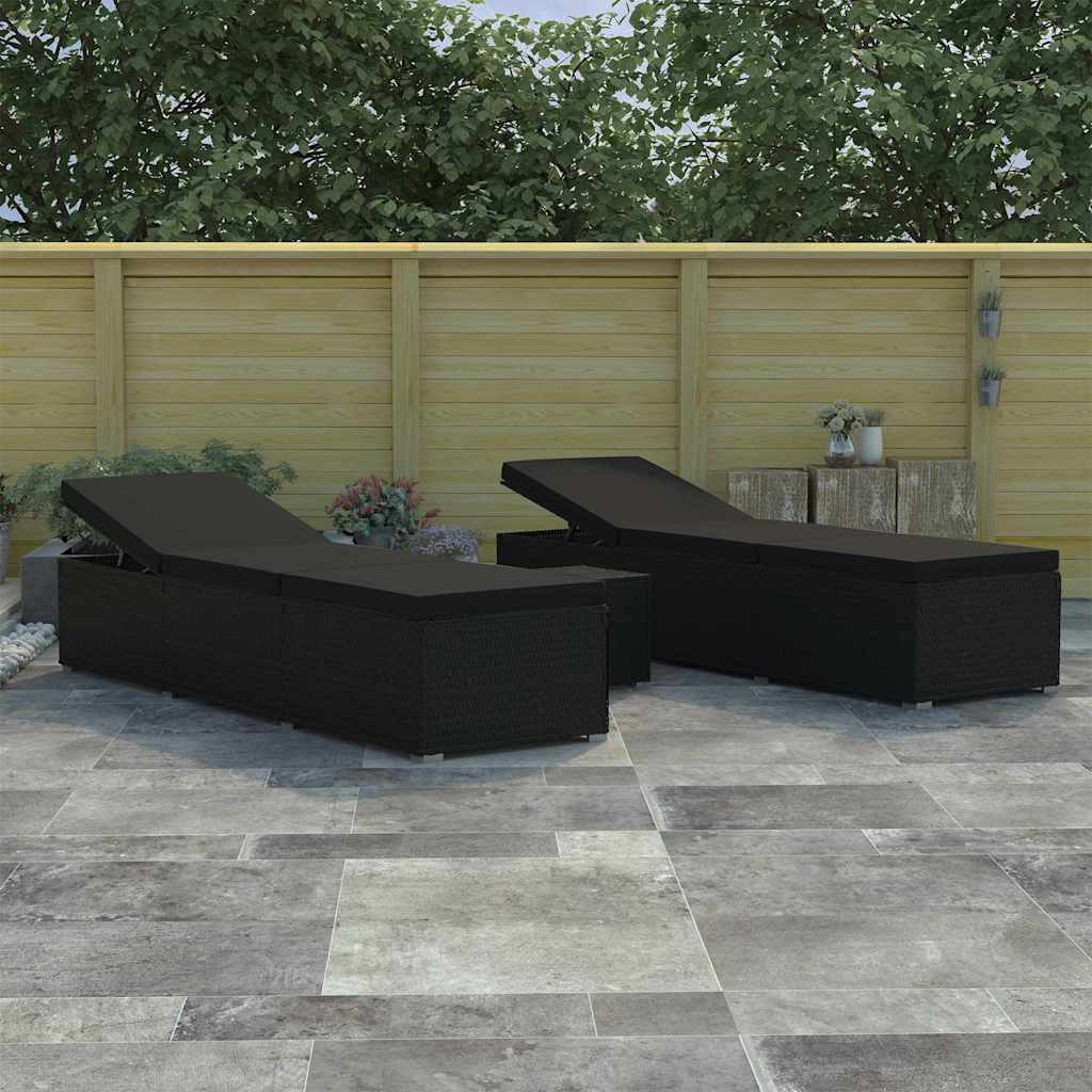 Tuin zonligstoelen met kussen 3 pcs Zwart Poly riet