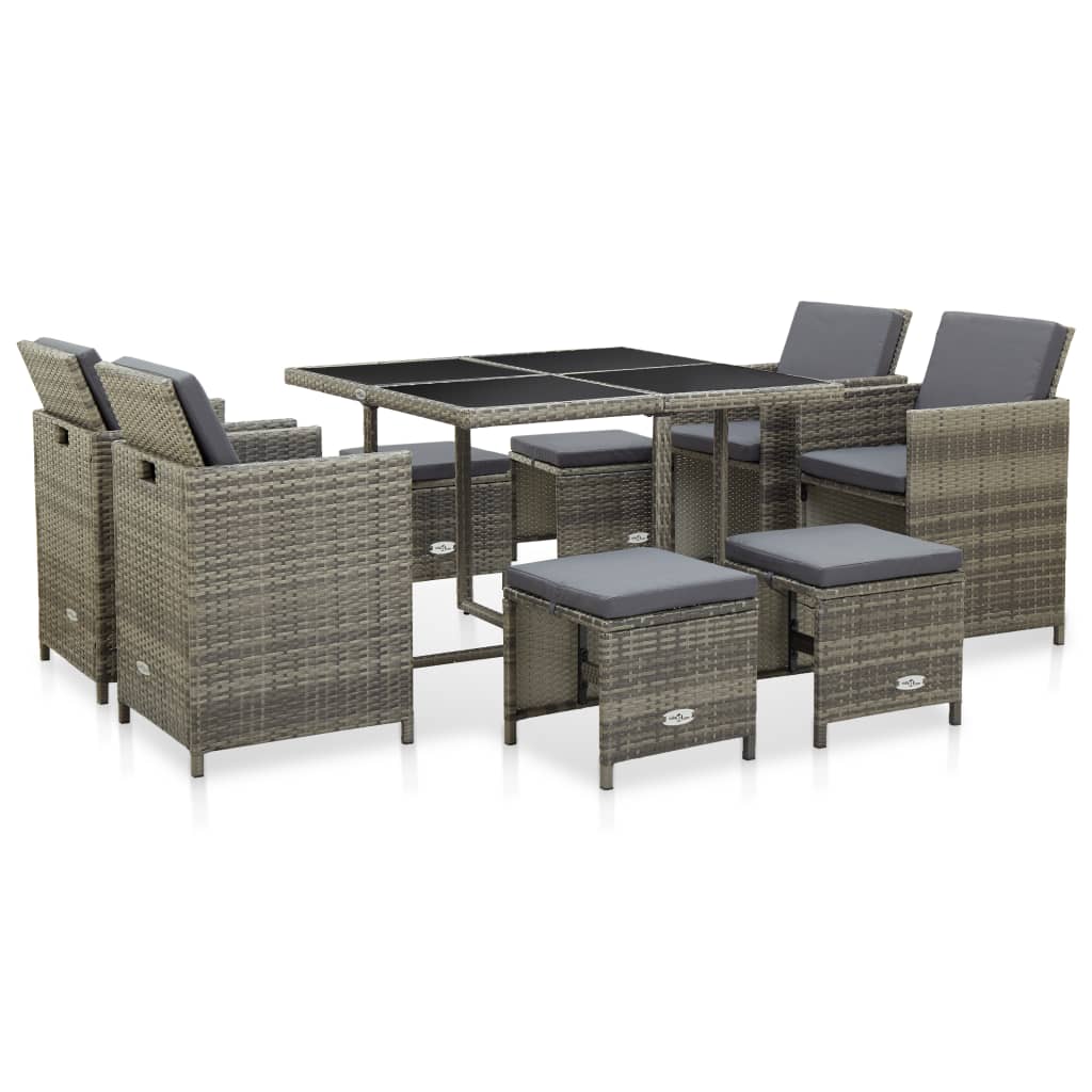 9-delige Tuinset met kussens poly rattan grijs – afbeelding 1