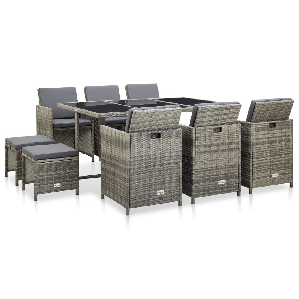 11-delige Tuinset met kussens poly rattan grijs – afbeelding 1