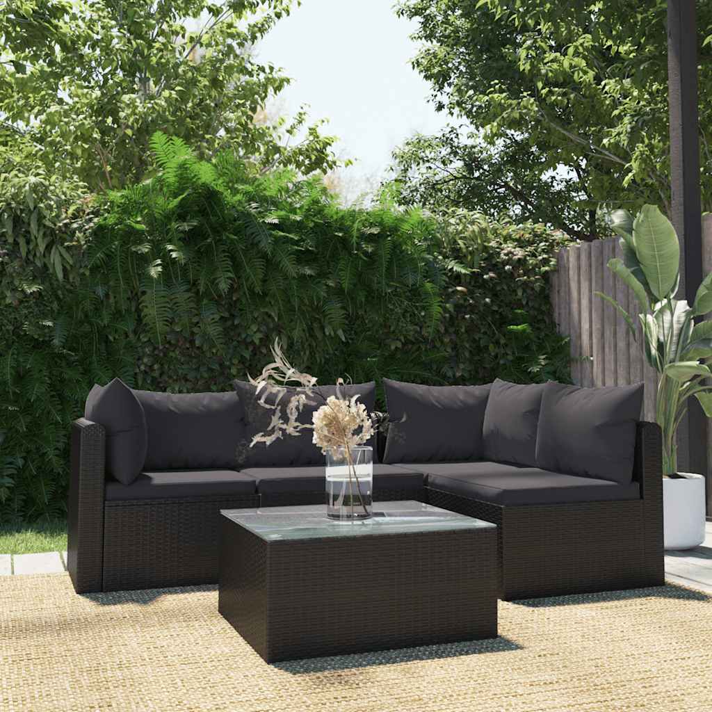 5-delige Loungeset met kussens poly rattan zwart – afbeelding 1
