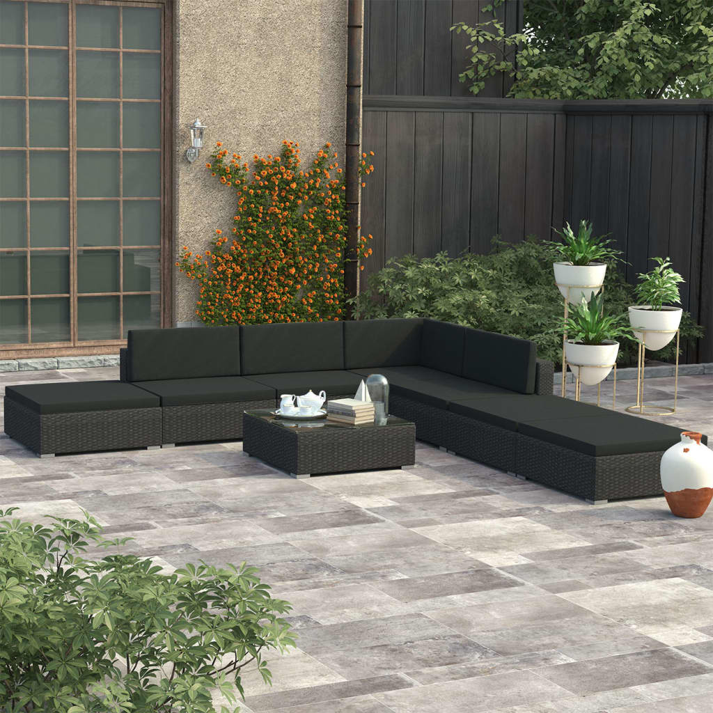 8-delige Loungeset met kussens poly rattan zwart – afbeelding 1