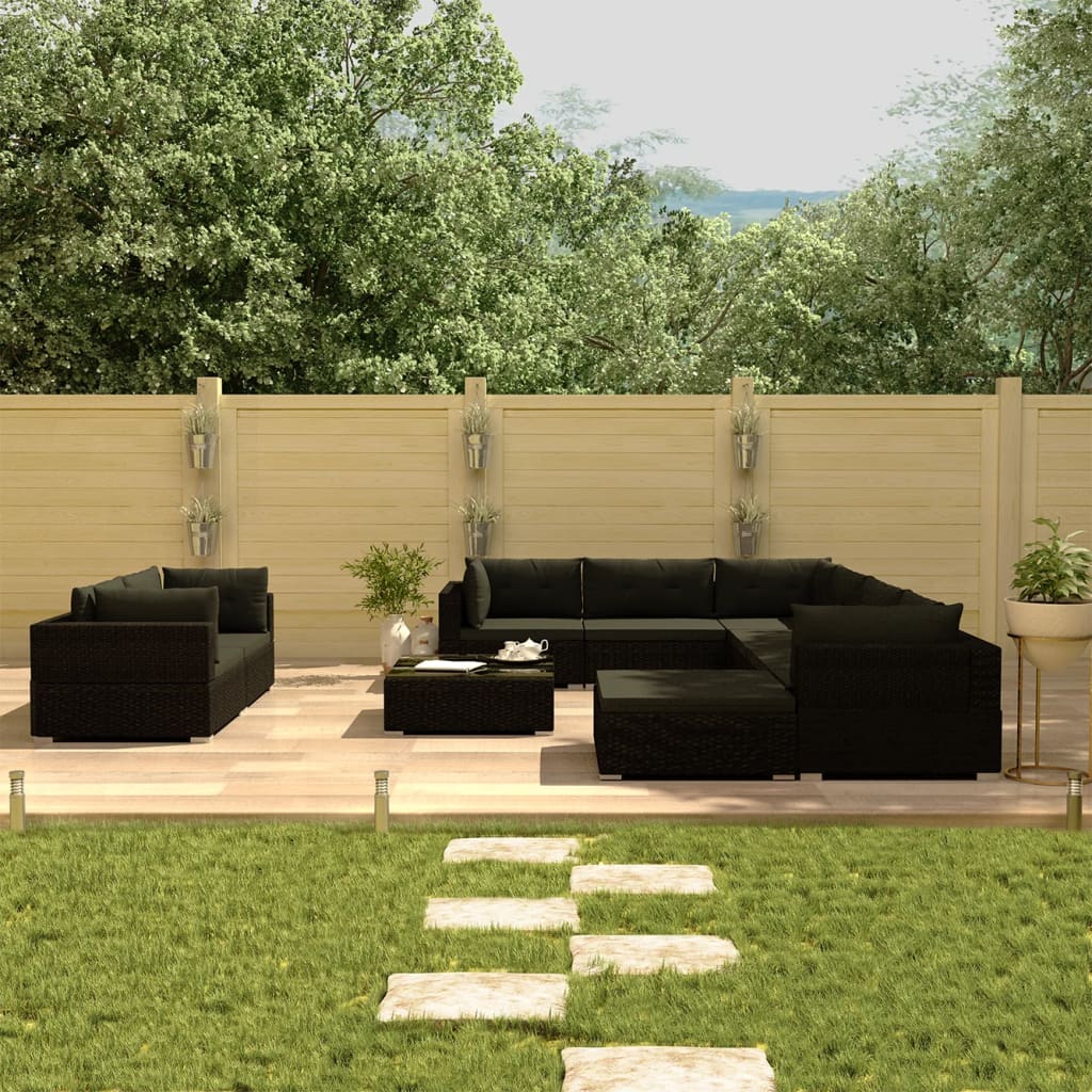 10-delige Loungeset met kussens poly rattan zwart – afbeelding 1