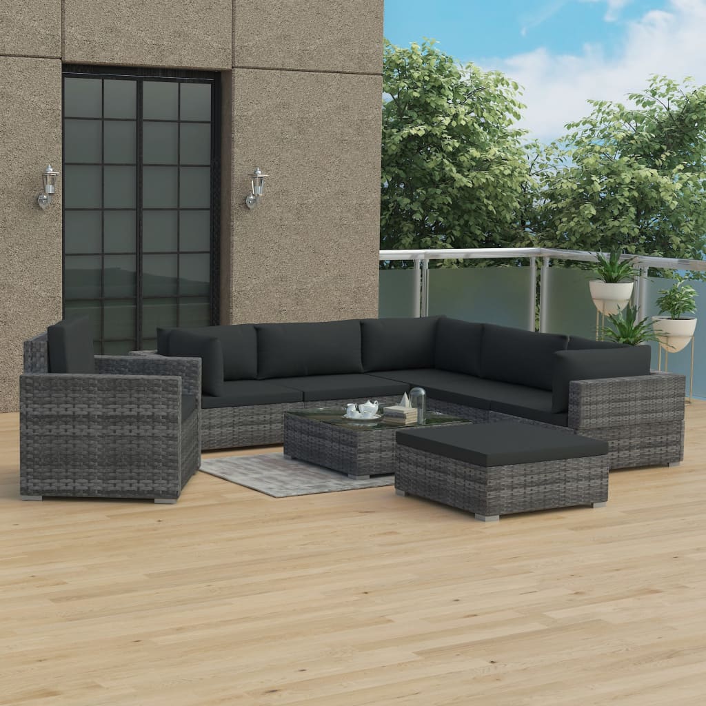 8-delige Loungeset met kussens poly rattan grijs – afbeelding 1