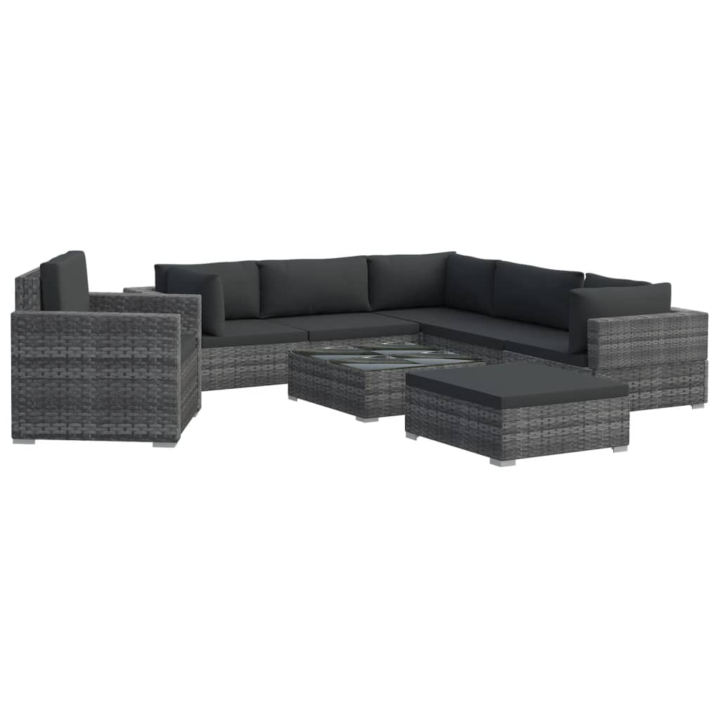 8-delige Loungeset met kussens poly rattan grijs – afbeelding 2
