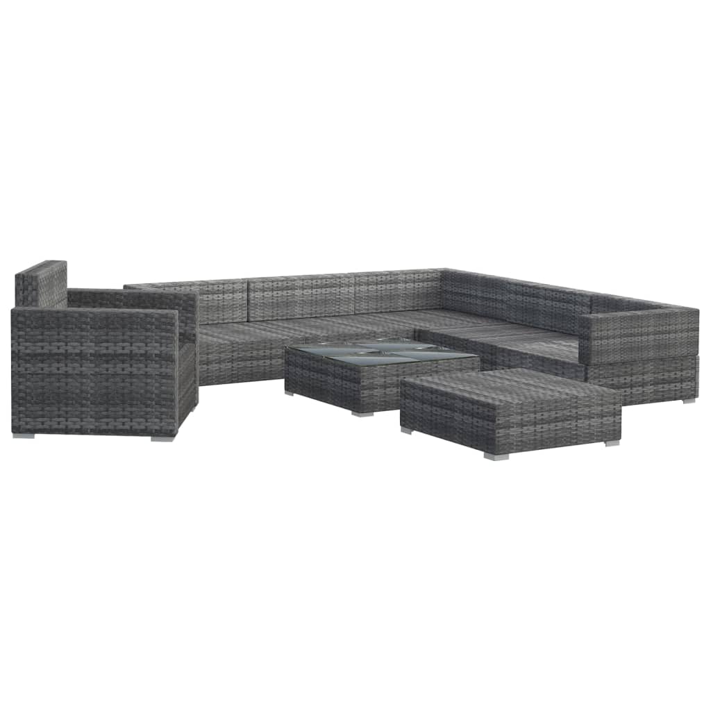 8-delige Loungeset met kussens poly rattan grijs – afbeelding 3