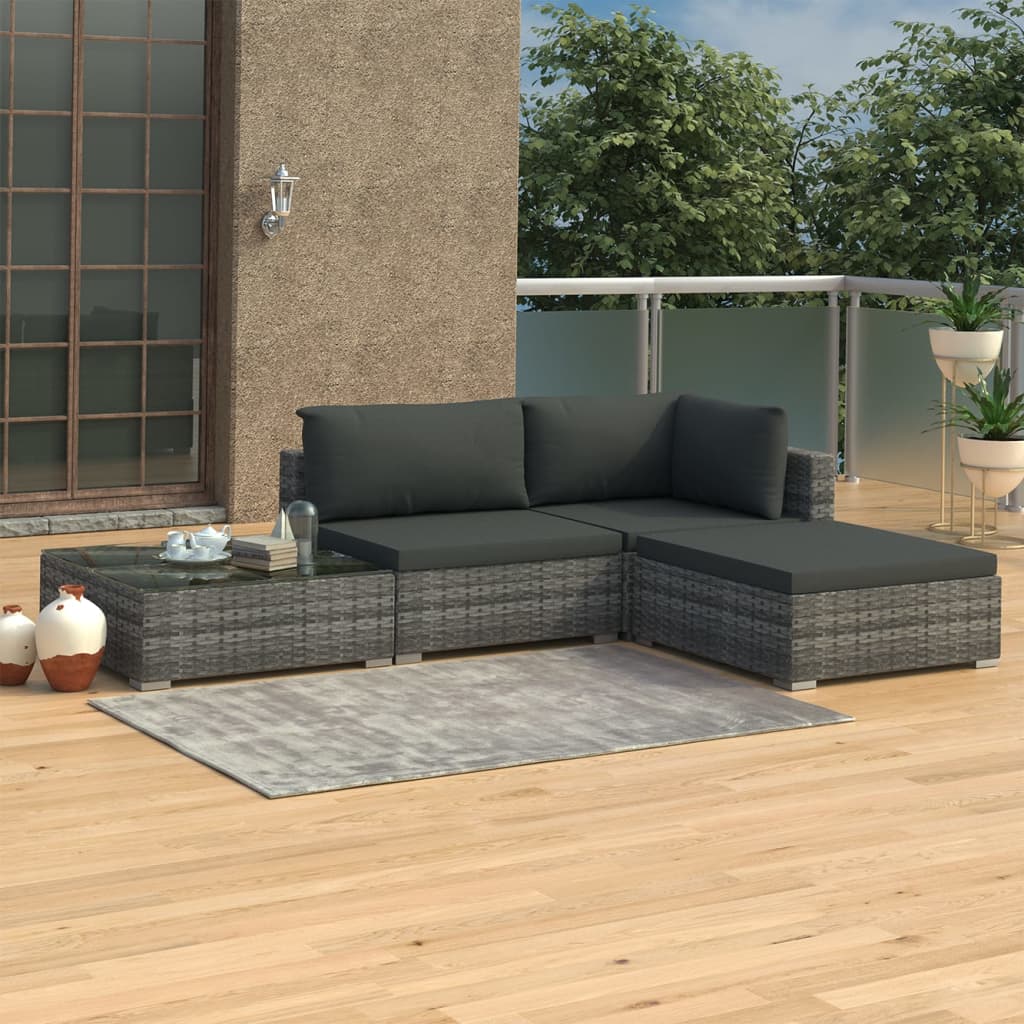 4-delige Loungeset met kussens poly rattan grijs – afbeelding 1
