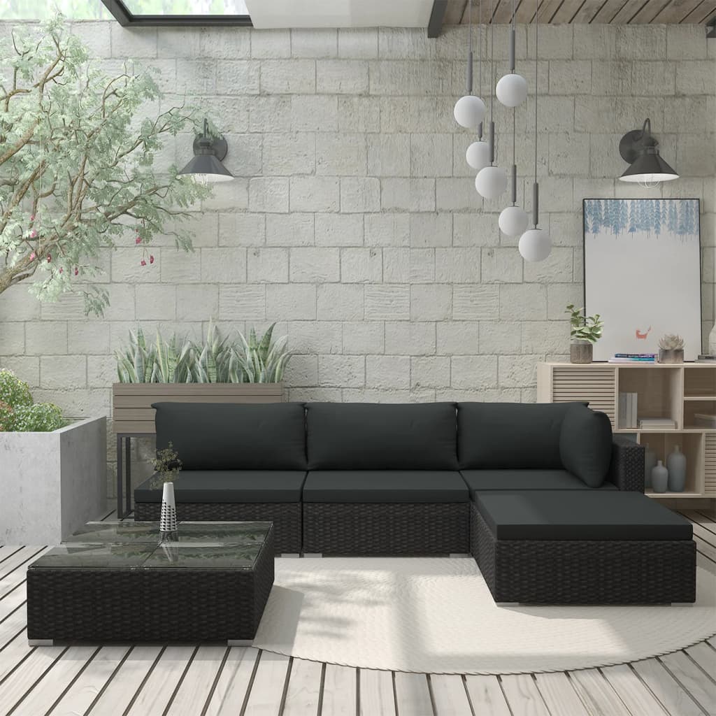 5-delige Loungeset met kussens poly rattan zwart – afbeelding 1