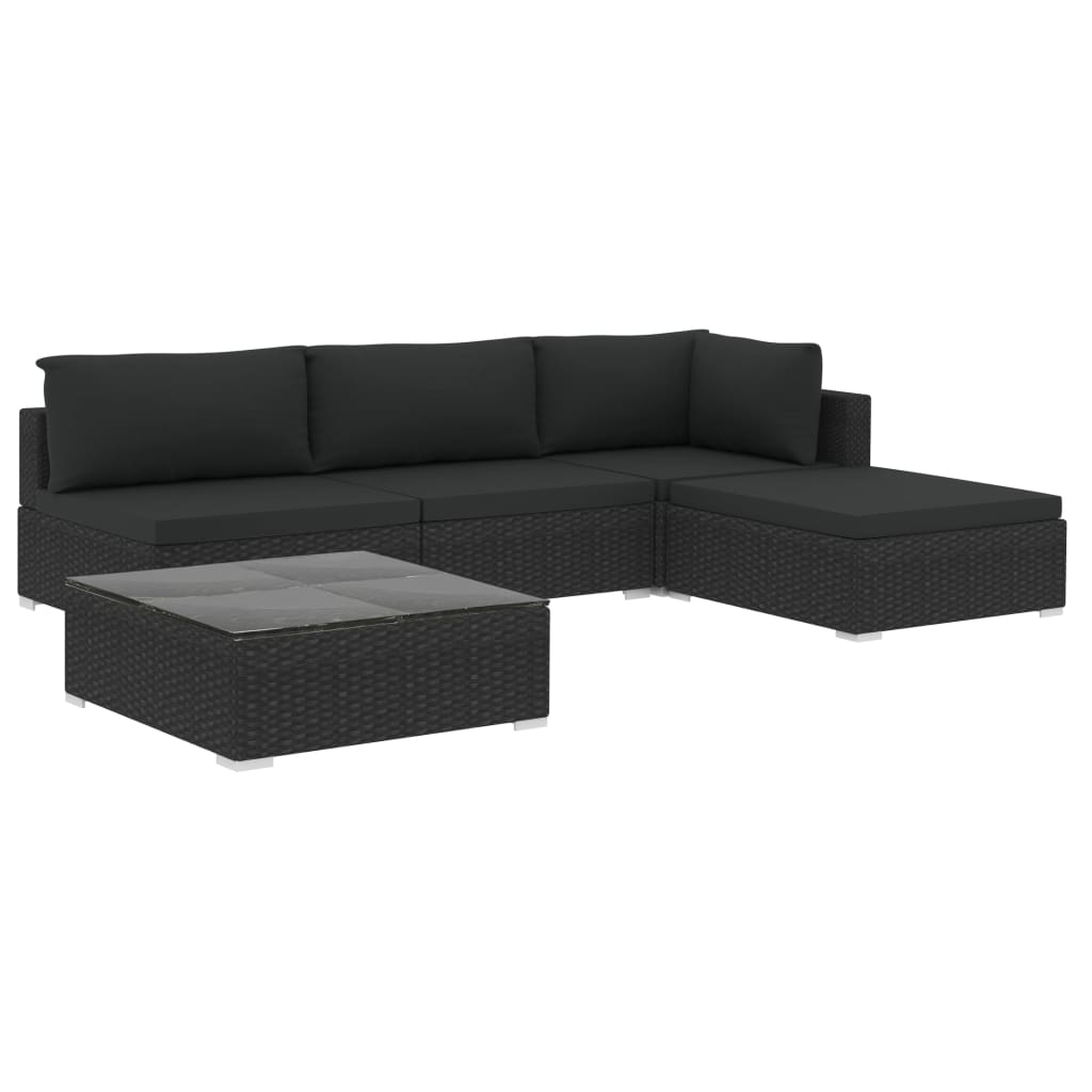 5-delige Loungeset met kussens poly rattan zwart – afbeelding 2