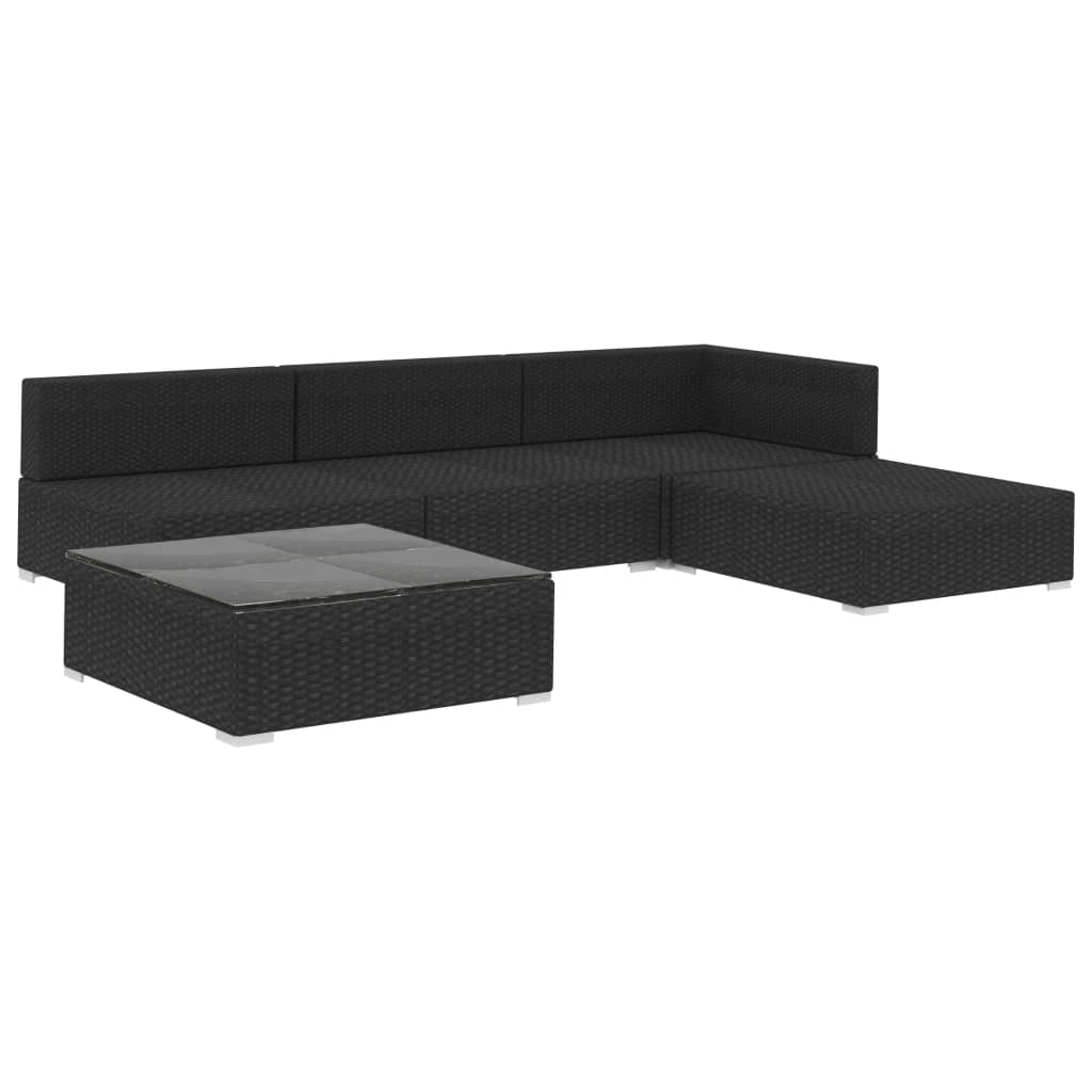 5-delige Loungeset met kussens poly rattan zwart – afbeelding 3