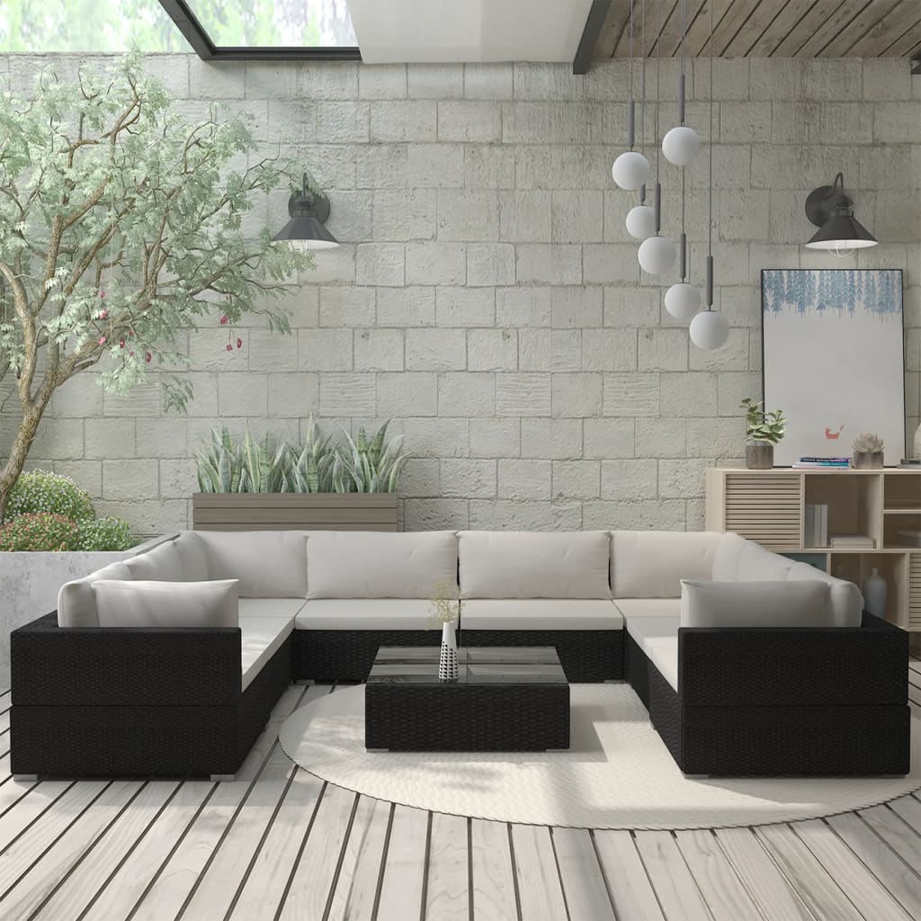9-delige Loungeset met kussens poly rattan zwart – afbeelding 1