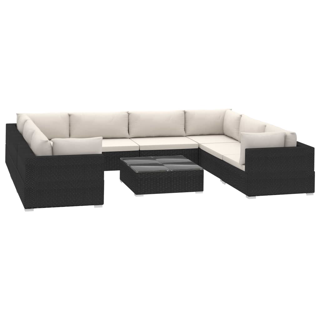 9-delige Loungeset met kussens poly rattan zwart – afbeelding 2