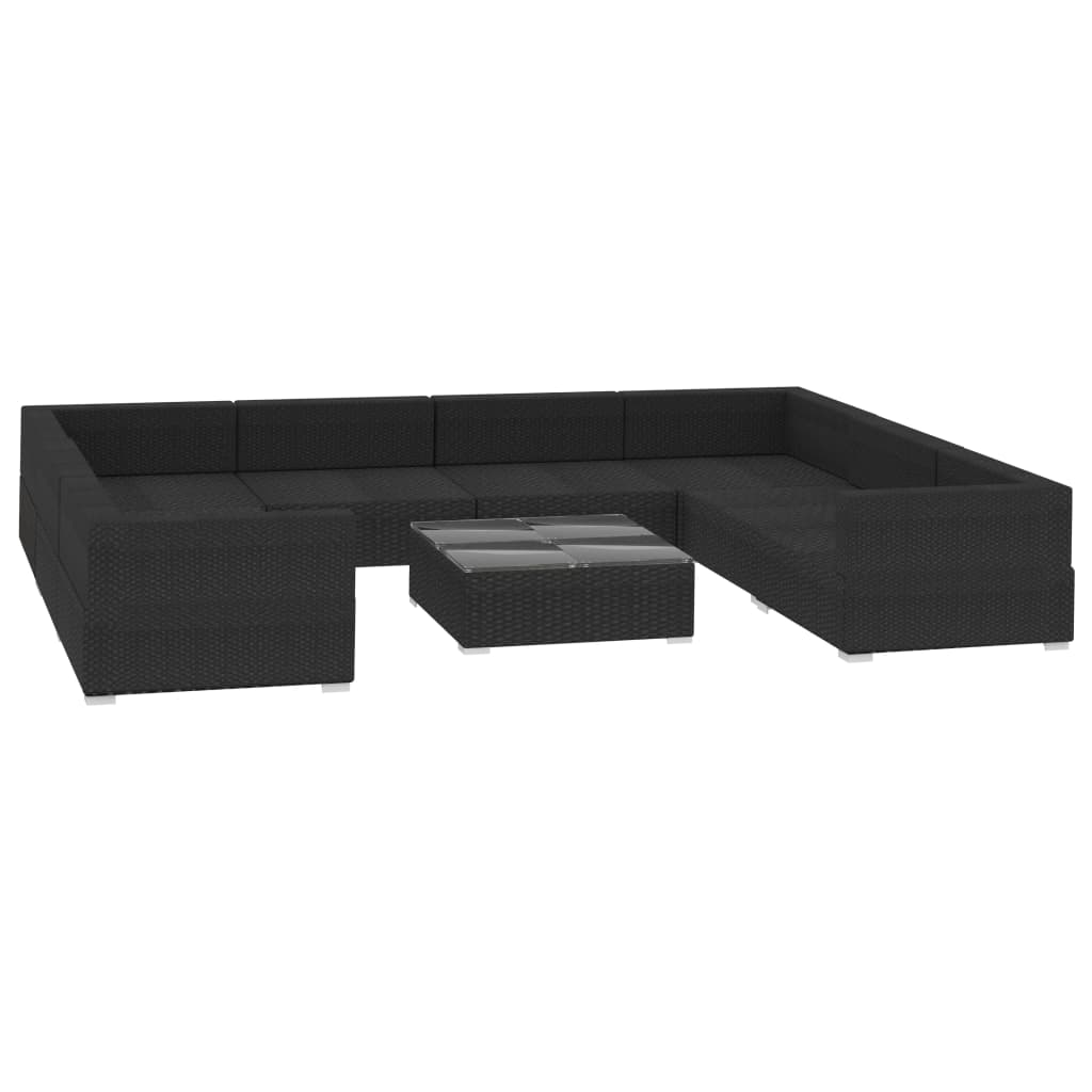 9-delige Loungeset met kussens poly rattan zwart – afbeelding 3