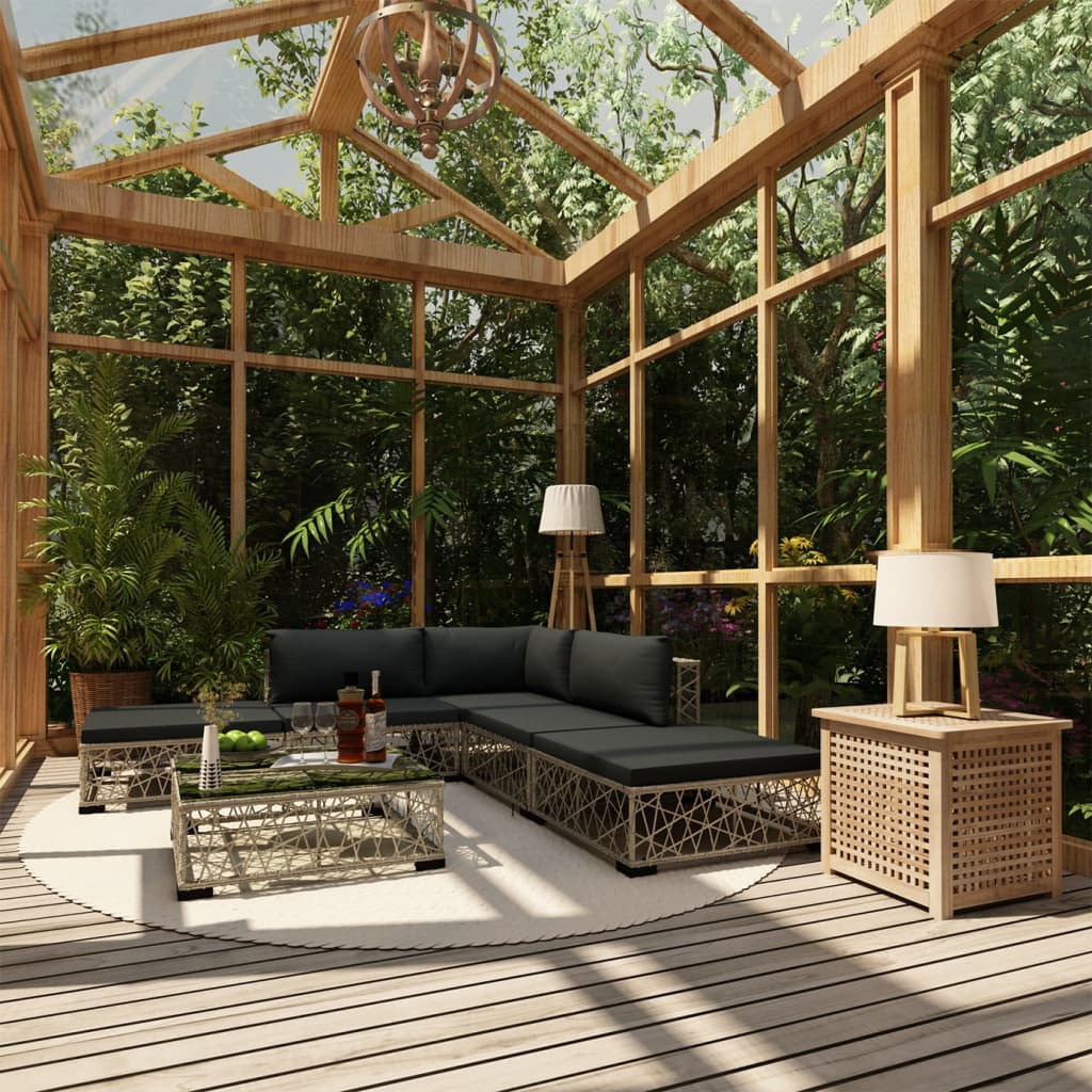 6-delige Loungeset met kussens poly rattan grijs – afbeelding 1