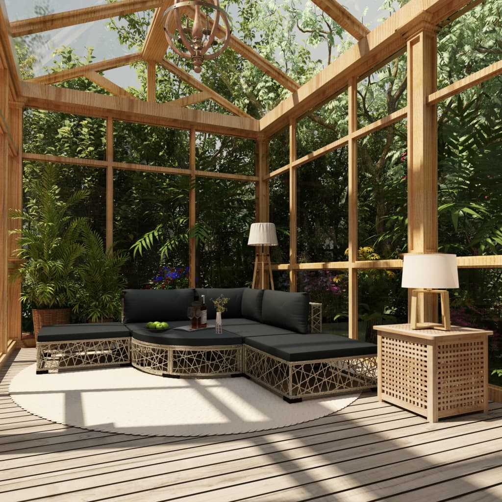 6-delige Loungeset met kussens poly rattan grijs – afbeelding 1