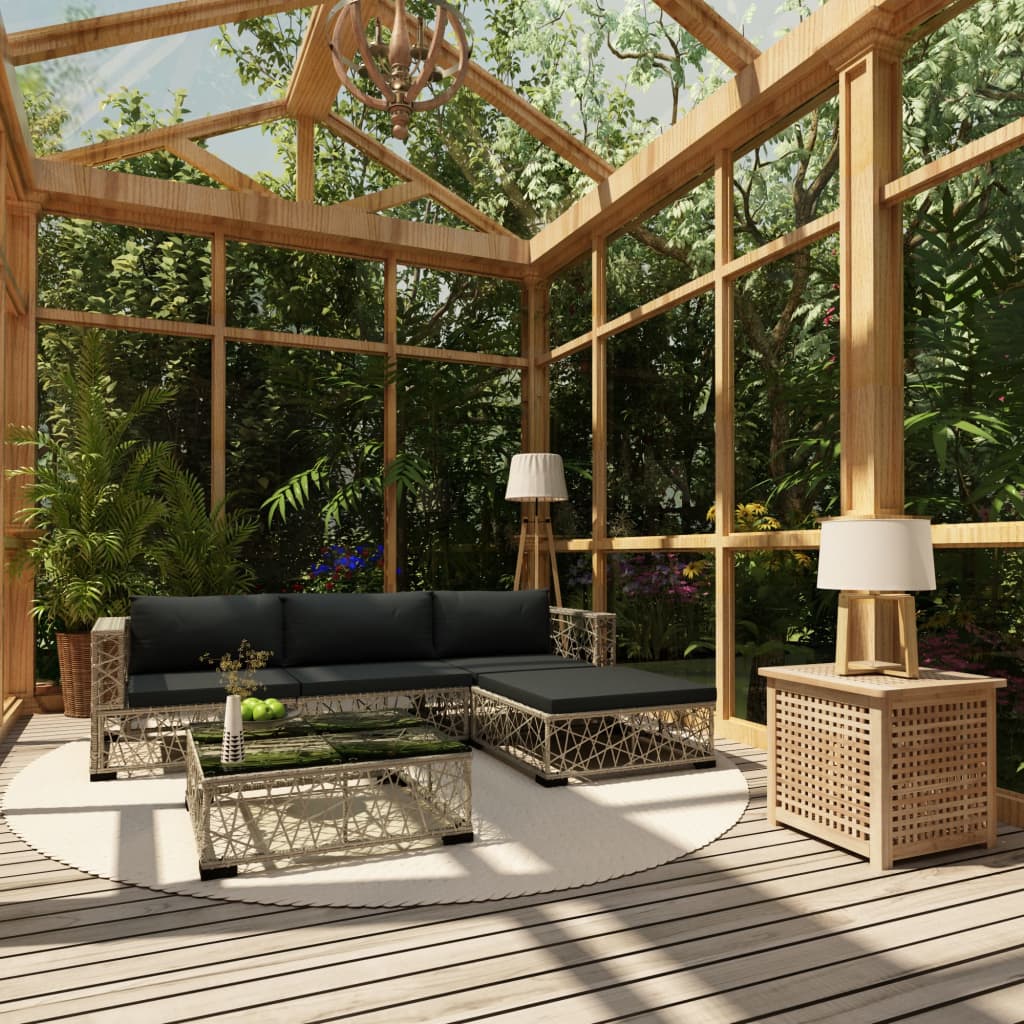 5-delige Loungeset met kussens poly rattan grijs – afbeelding 1