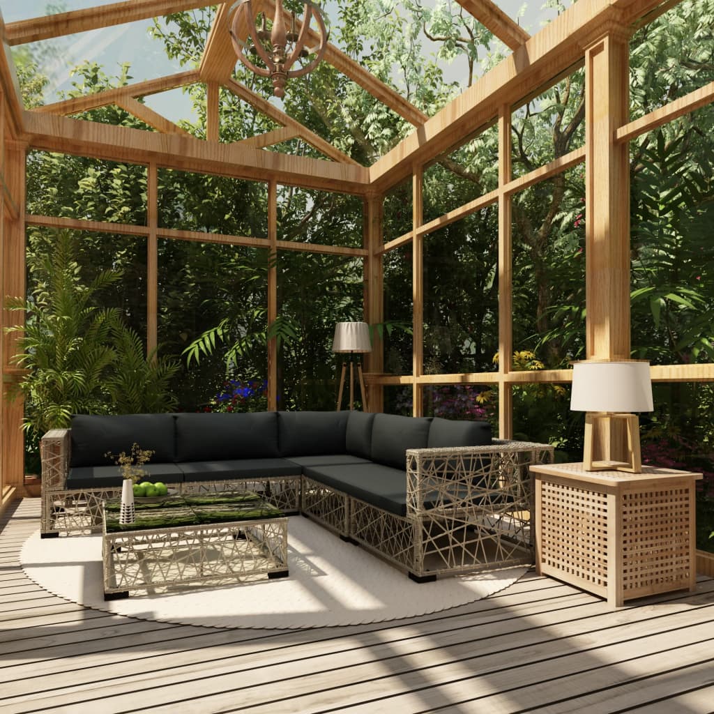6-delige Loungeset met kussens poly rattan grijs – afbeelding 1