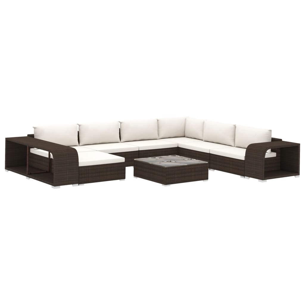 10-delige Loungeset met kussens poly rattan bruin – afbeelding 2