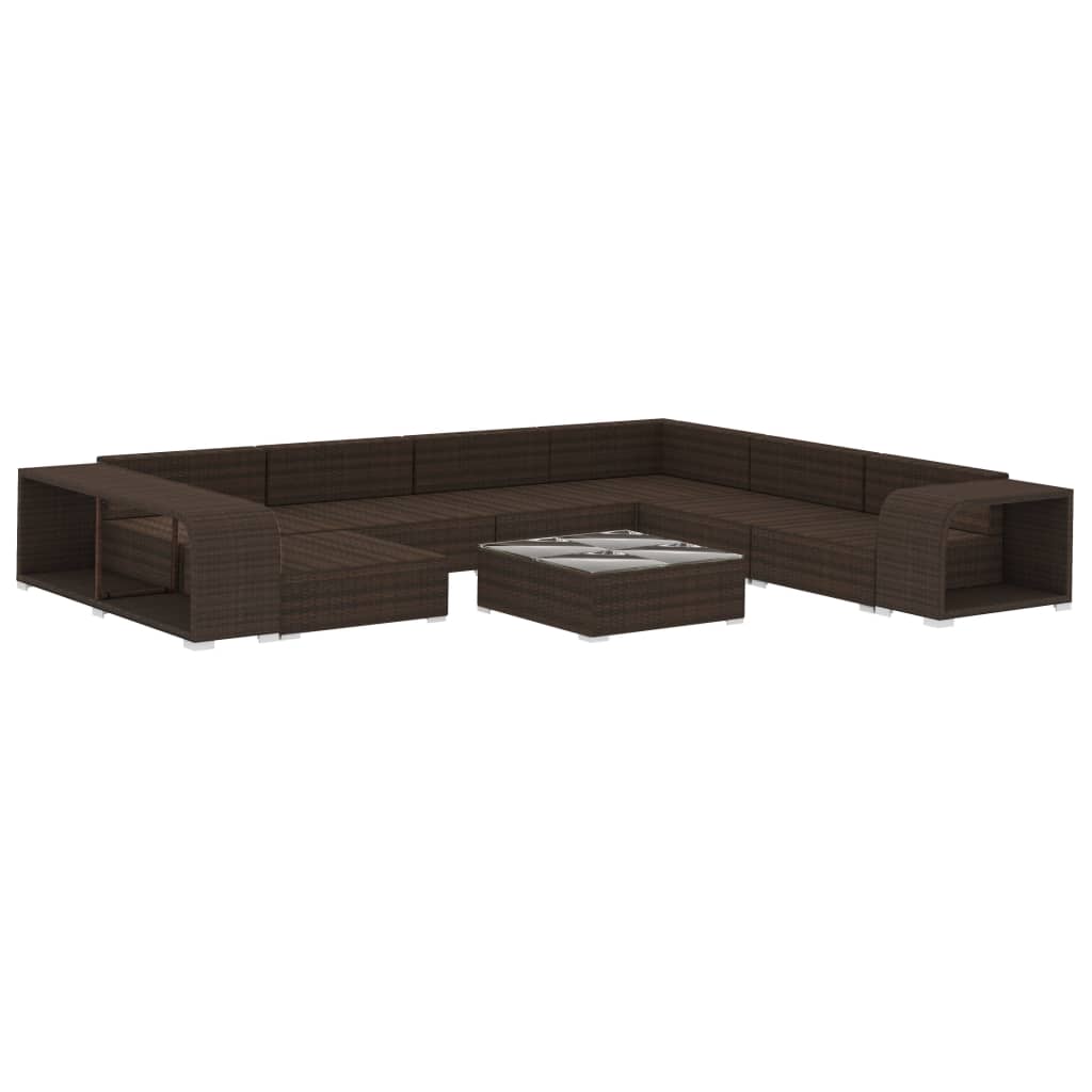 10-delige Loungeset met kussens poly rattan bruin – afbeelding 3