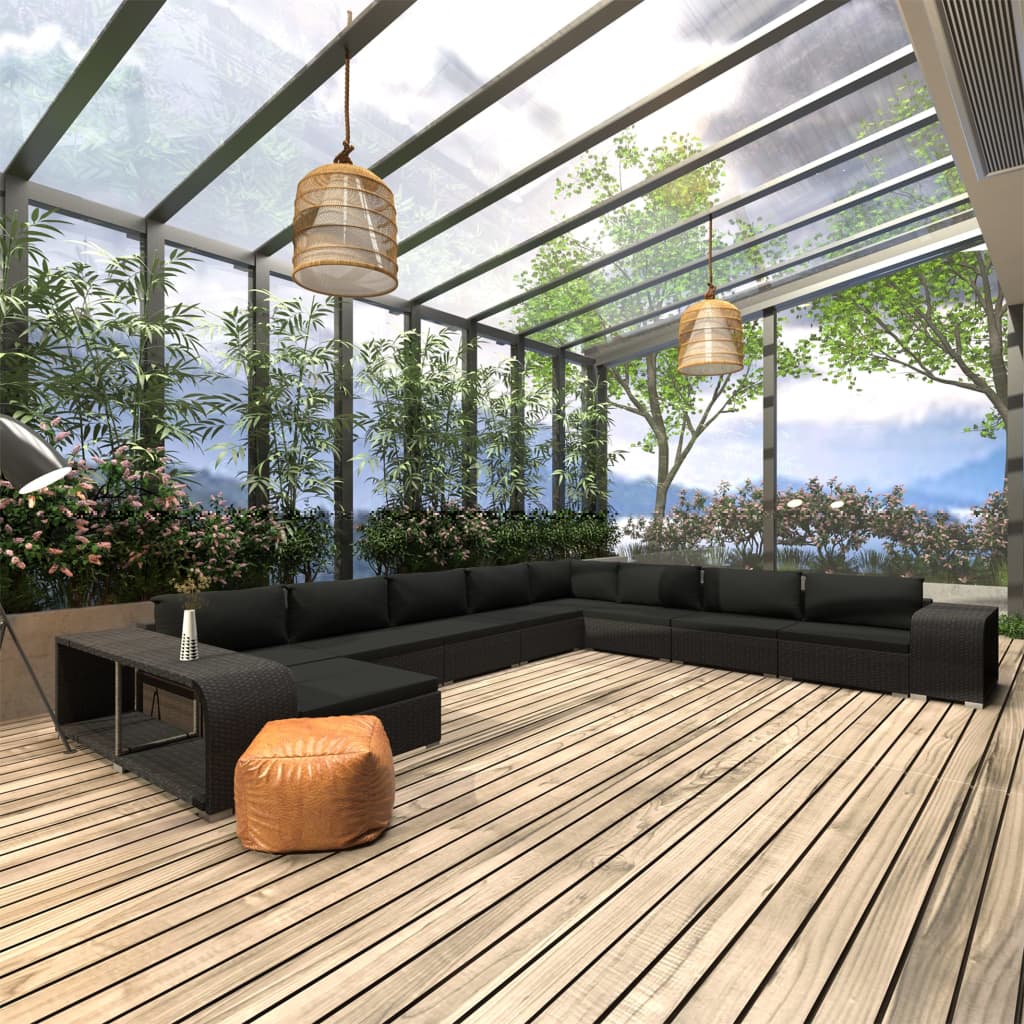 11-delige Loungeset met kussens poly rattan zwart – afbeelding 1