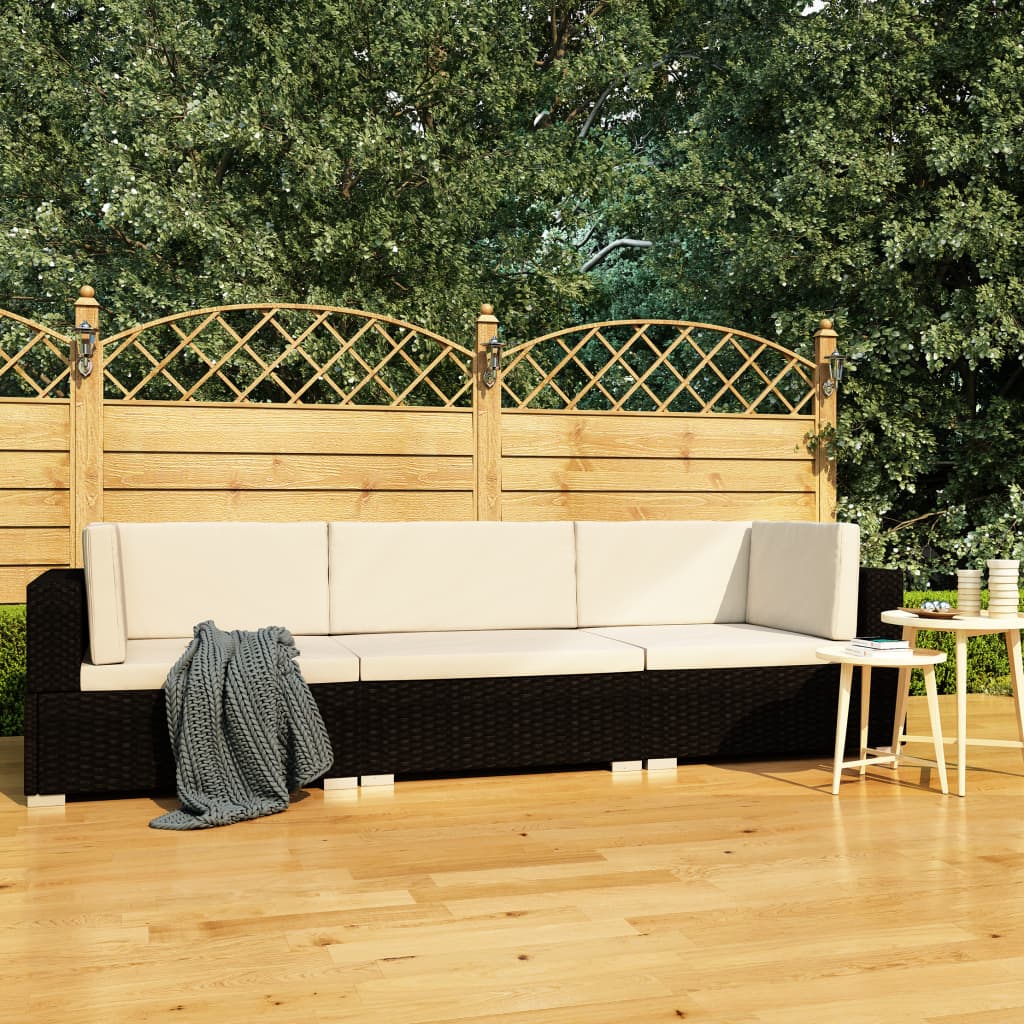 3-delige Loungeset met kussens poly rattan zwart – afbeelding 1