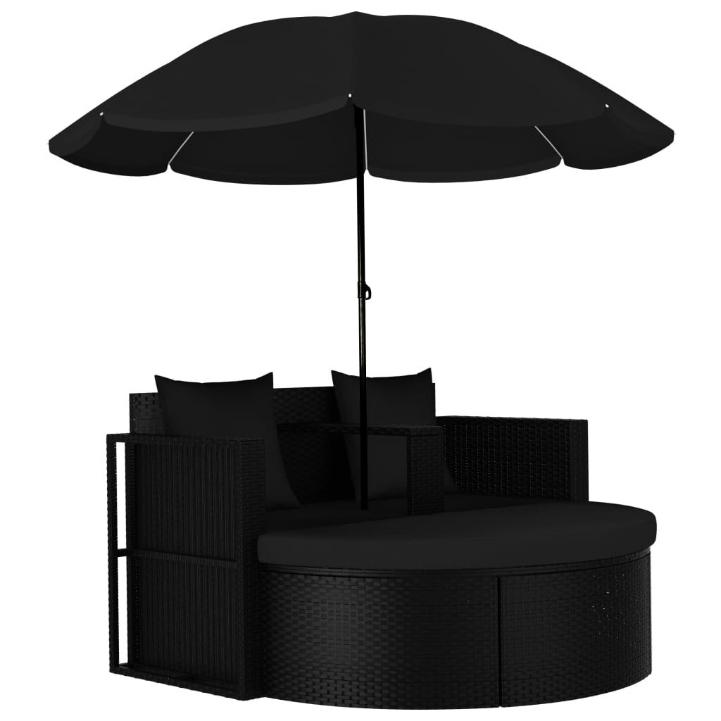 Tuinbed met parasol poly rattan zwart
