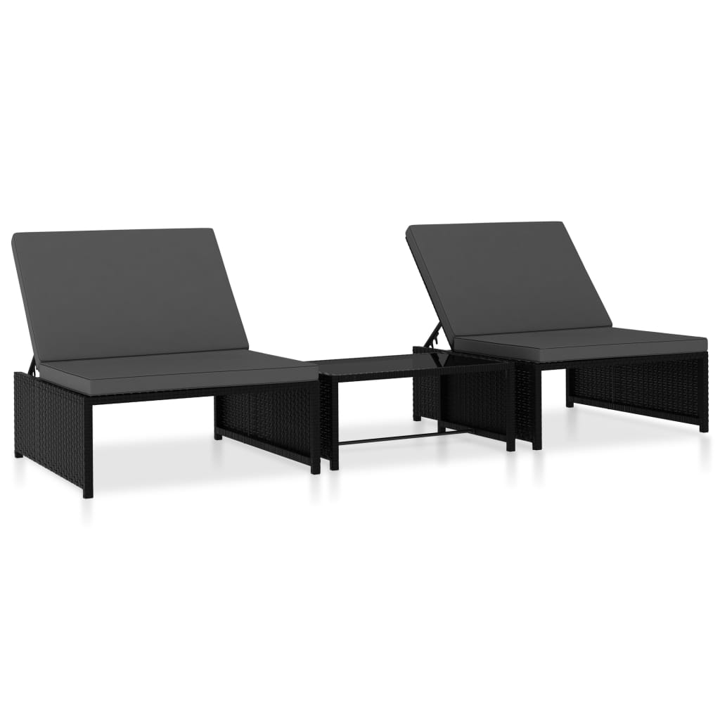 Tuinstoelen 2 st verstelbaar met tafel poly rattan zwart
