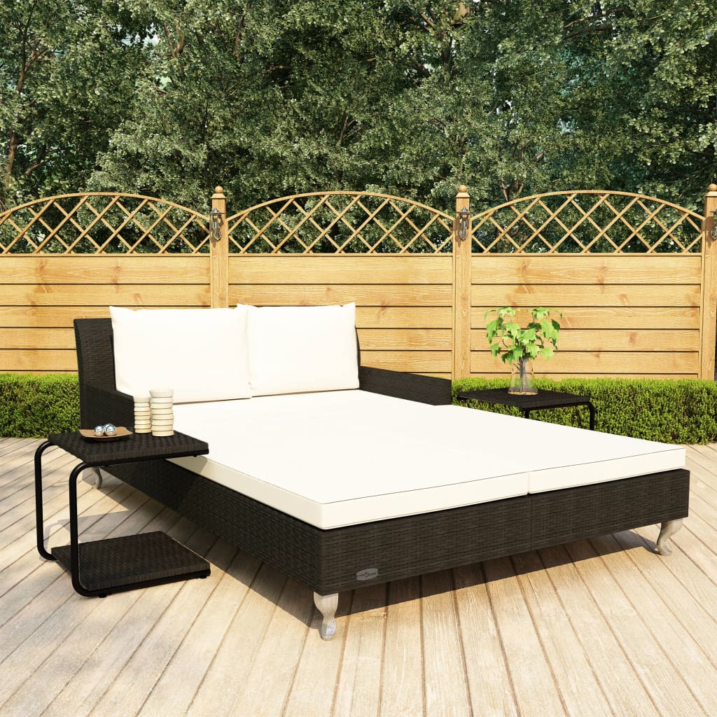Ligbed met kussens 2-persoons poly rattan zwart