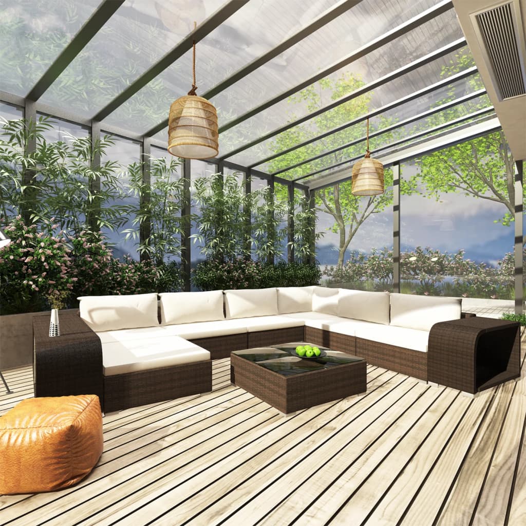 10-delige Loungeset met kussens poly rattan bruin – afbeelding 1