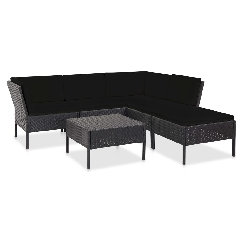 6-delige Loungeset met kussens poly rattan zwart – afbeelding 1