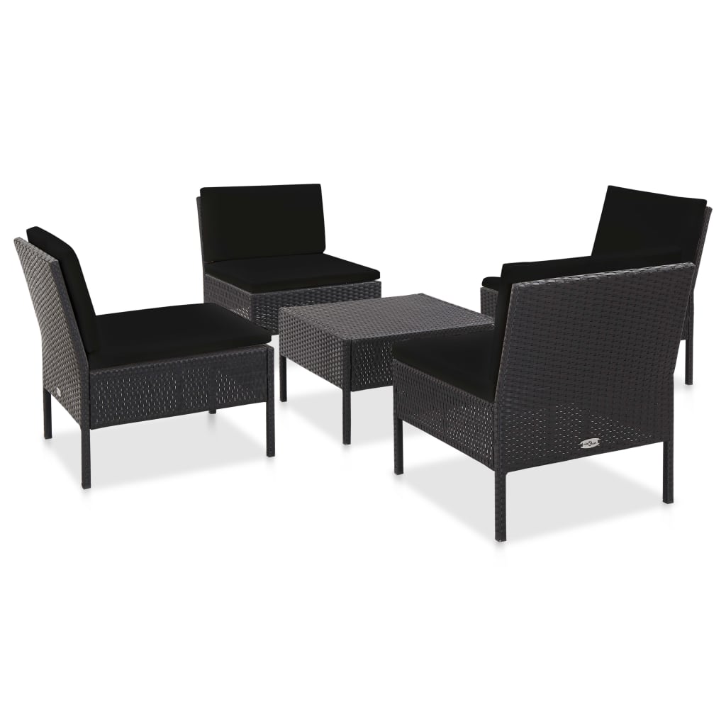 5-delige Loungeset met kussens poly rattan zwart – afbeelding 1