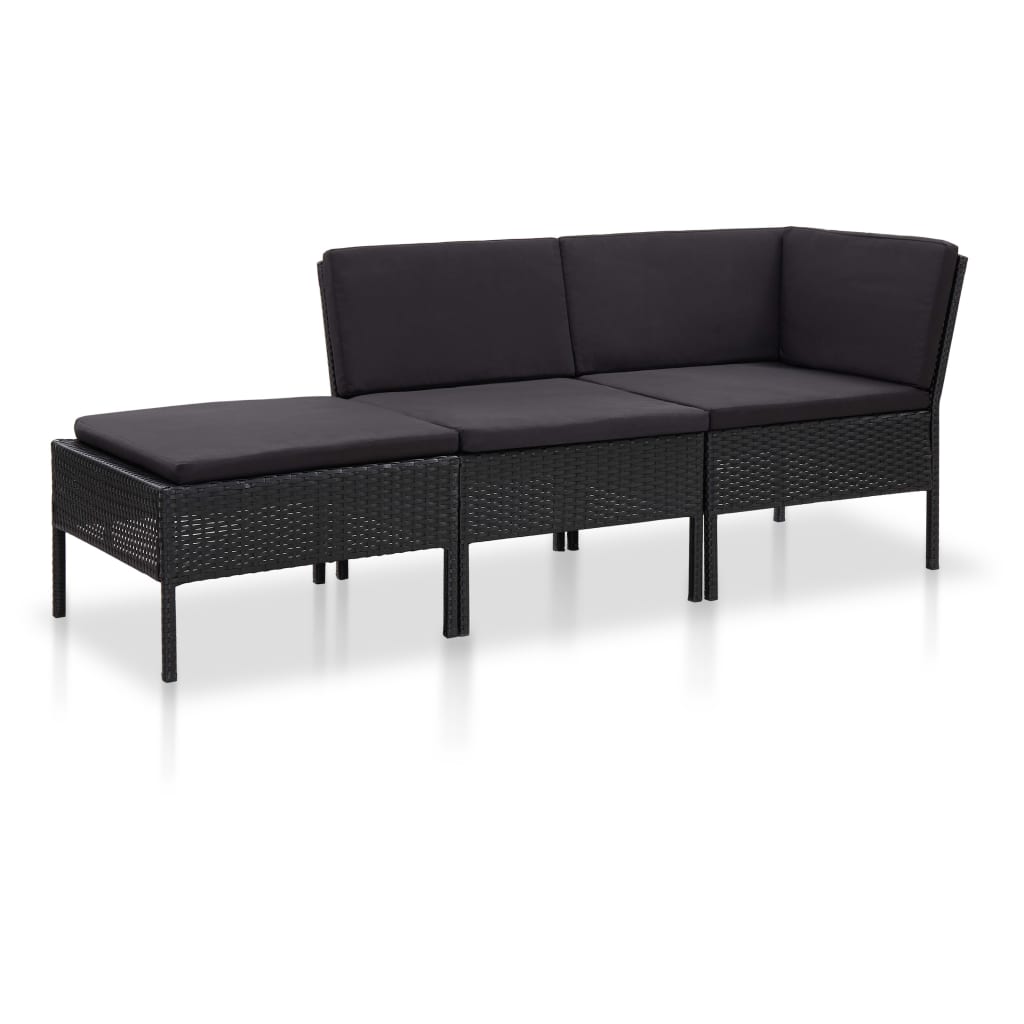 3-delige Loungeset met kussens poly rattan zwart – afbeelding 1